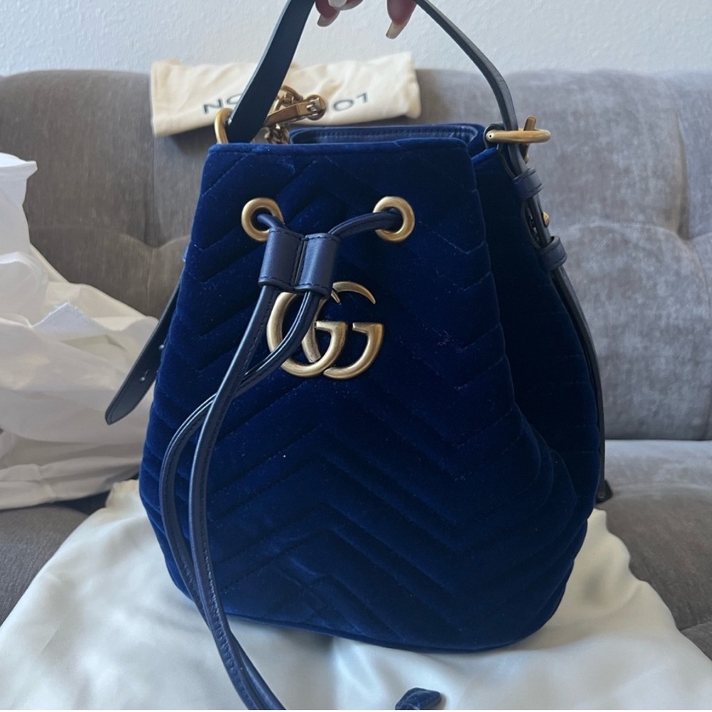 Gucci Blue Velvet Bucket Bag